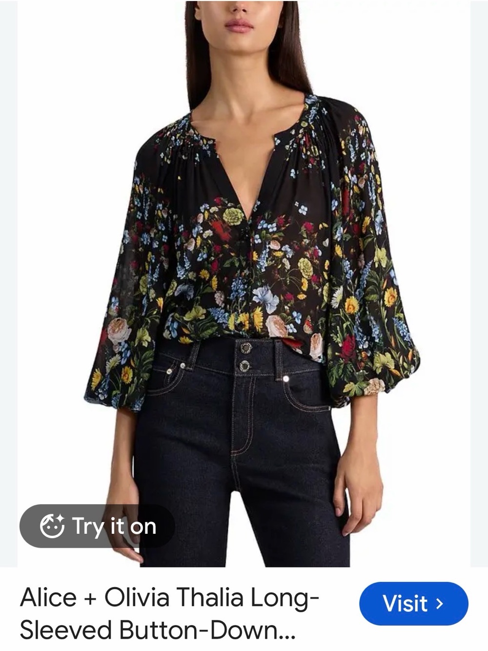 Alice + Olivia Black Floral Button-Front Blouse
